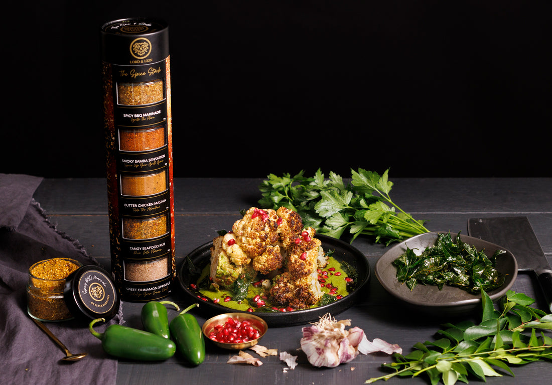 Whole Roasted Cauliflower with Green Chutney & Pomegranate